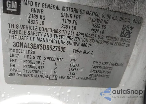 2013 Chevrolet Captiva Sport Lt z USA, uszkodzony, nr VIN 3GNAL3EK3DS627305